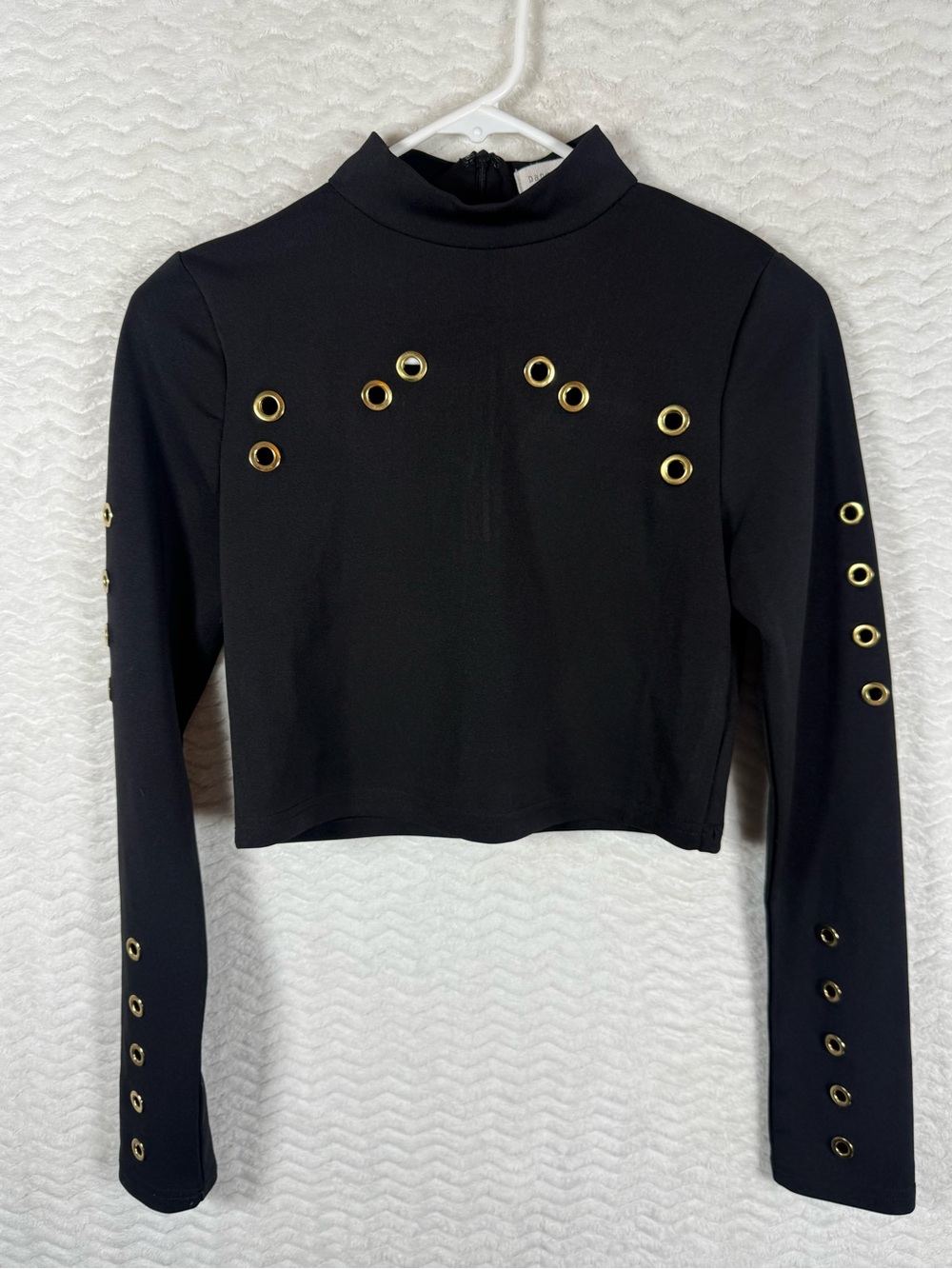Black Long-Sleeve Crop Top with Gold Eyelet Detail